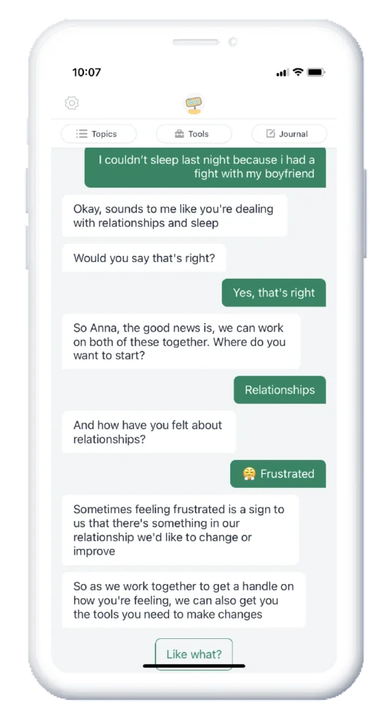 A conversation with Woebot, a virtual AI-enabled chatbot.